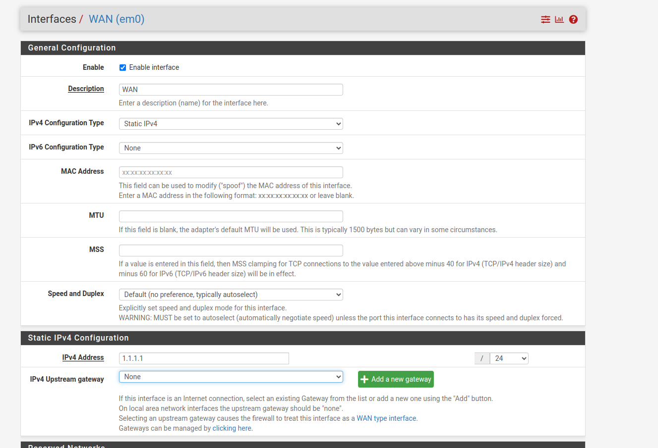 WAN network interface setting